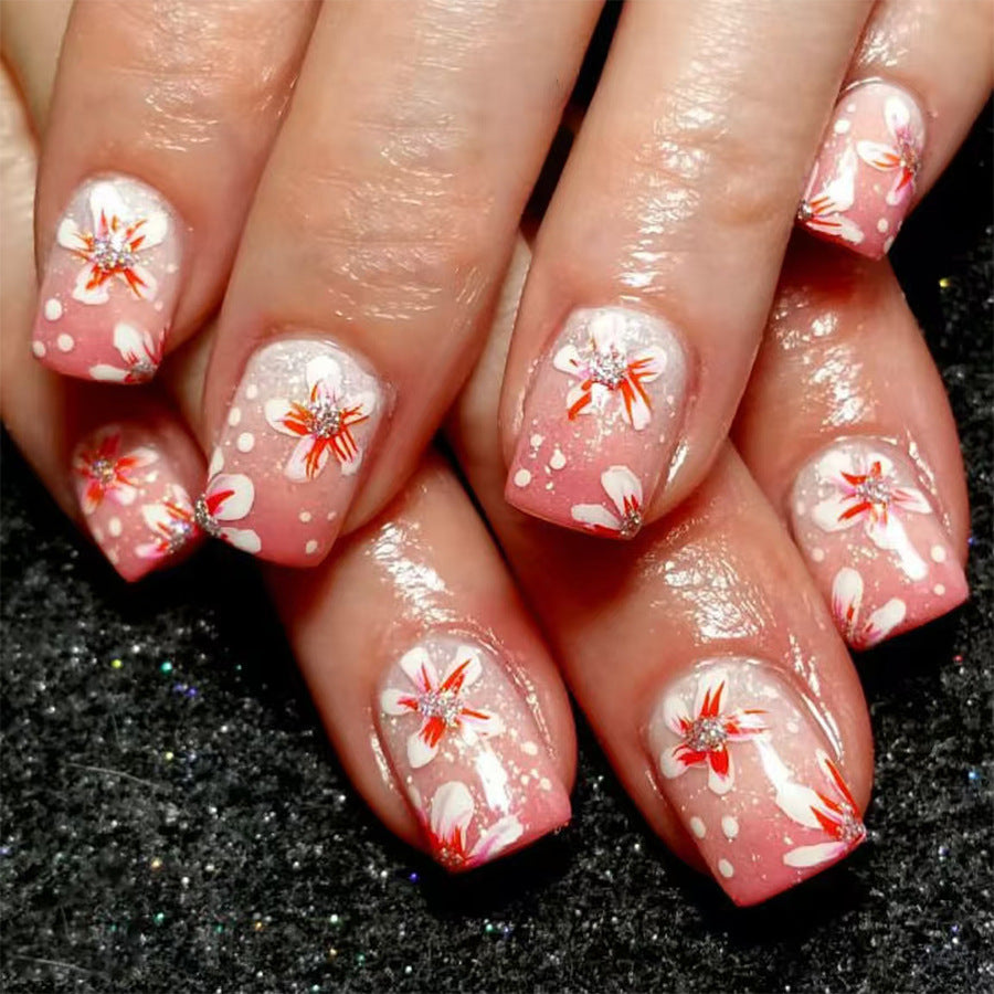 Blossom Delight Short Square Pink Floral Press On Nail Set with Sparkling Details