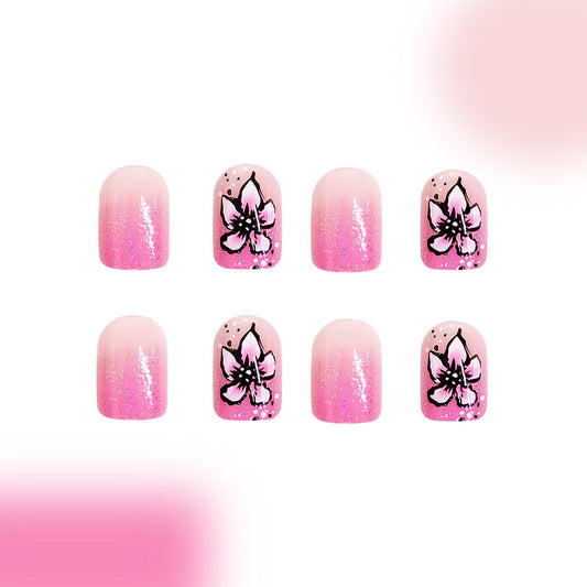 Blossoming Beauty Short Square Soft Pink with Artistic Floral Design Press On Nail Set