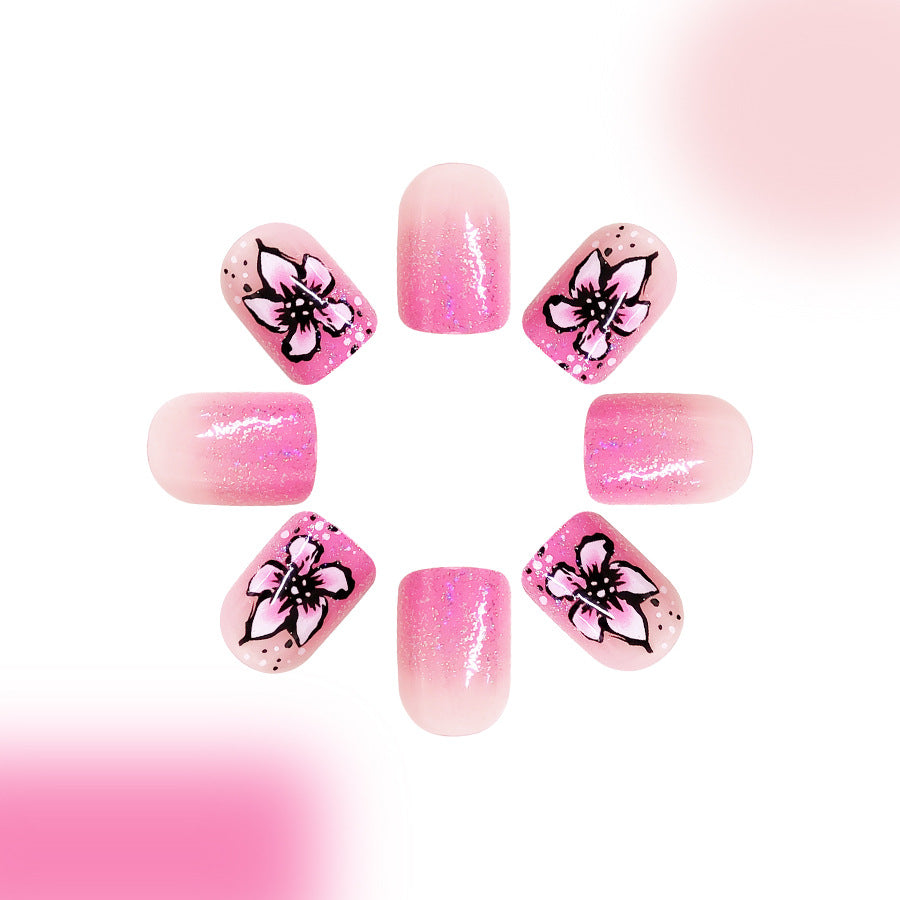 Blossom Dream Press On Nail Set Delightful Short Square Light Pink with Floral Design and Sparkling Finish