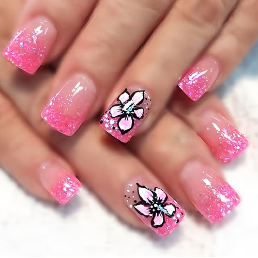 Enchanting Floral Bliss Medium Square Press-On Nails in Pink Glitter with Artistic Flower Design