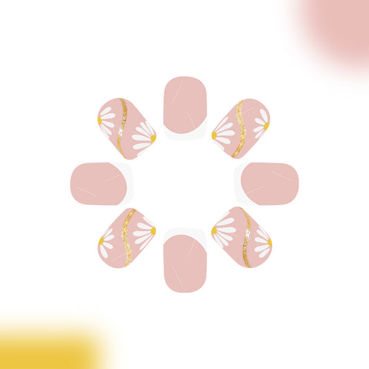 Chic Blossom Inspired Short Square Pink Press on Nail Set with Elegant Gold Detailing