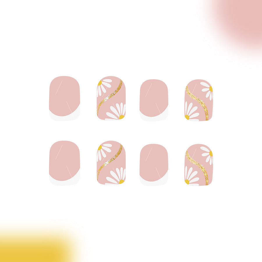 Blossom Delight short Square Pink Press On Nail Set with Floral Design and Glitter Accent