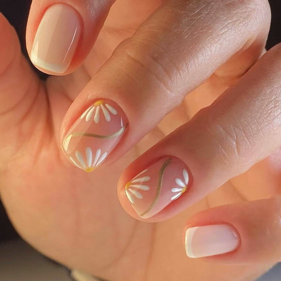 Daisy Garden Short Square Beige with Floral Art Press On Nail Set