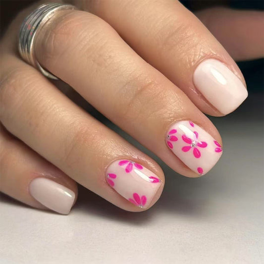 Blossom Dream Short Square Pink Floral Accent Press On Nail Set