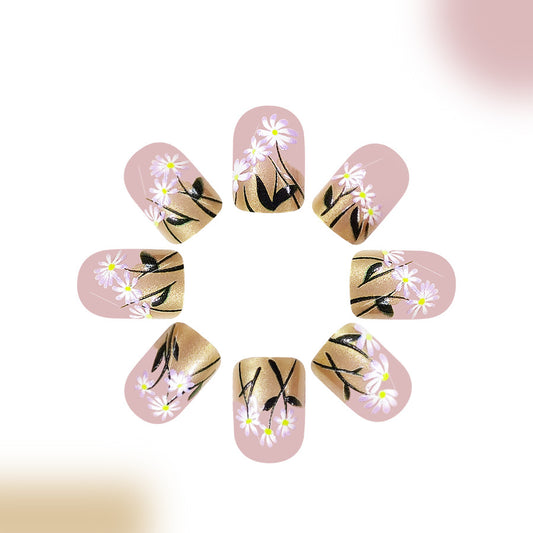 Garden Blooms Short Square Pink Floral Nail Set with Elegant Gold Accents