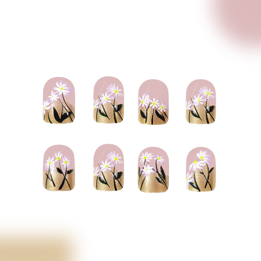 Blooming Meadow Elegant short Square Pink Floral Press-On Nail Set with Glossy Finish