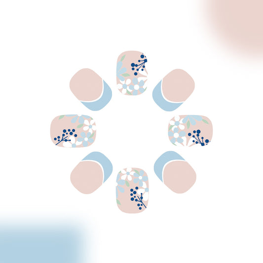 Blossom Serenity Short Square Blue and Beige Floral Press on Nail Set