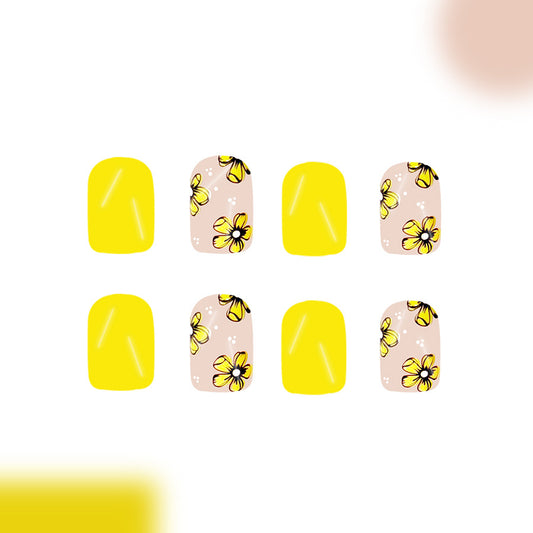 Sunny Meadow Vibrant Yellow Short Square Press On Nail Set with Floral Accents