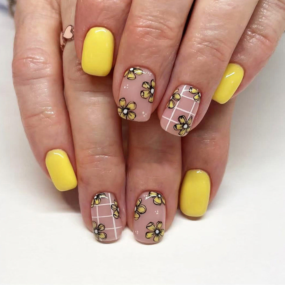 Sunny Floral Delight Short Square Bright Yellow with Fun Flower Accents Press on Nail Set