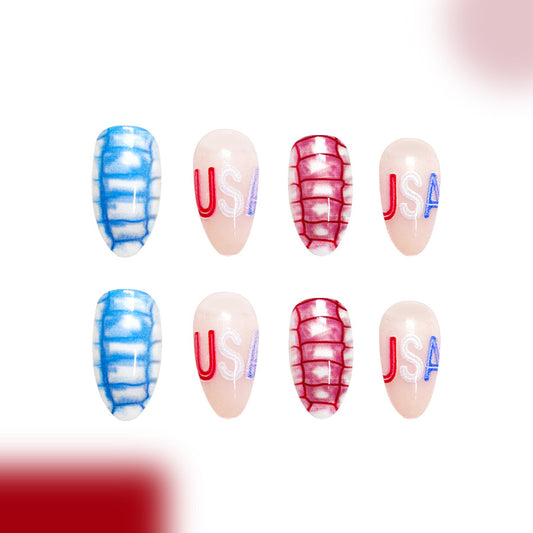 Patriotic Vibes Medium Almond Blue and Red Colorful USA Text Press On Nail Set