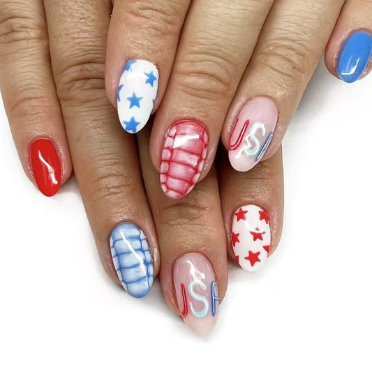 Patriotic Glamour Medium Almond Red White and Blue Artistic Nail Set