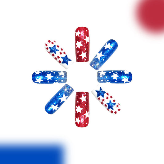 Star Spangled Celebration Long Square Red and Blue Sparkling Press On Nail Set with White Star Accents