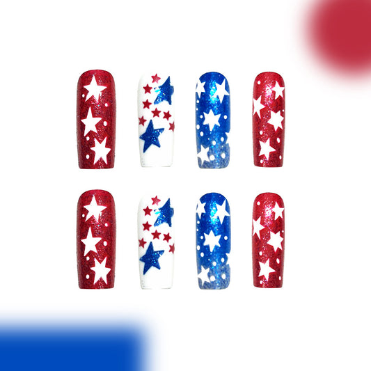 Stars and Stripes Glamour Long Square Red and Blue Glittery Press on Nail Set with Unique Star Patterns
