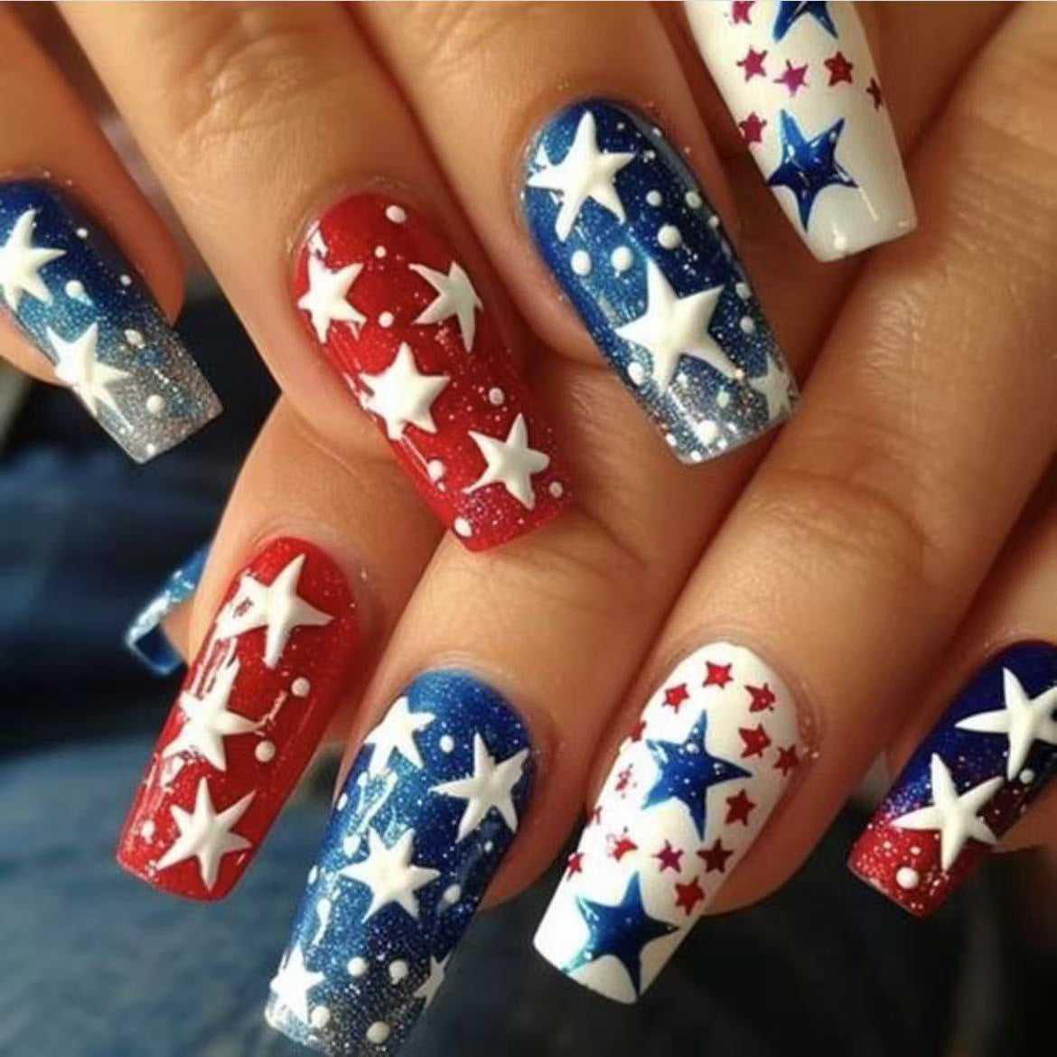 Patriotic Starry Night Long Square Red Blue and White with Bold Star Designs Press-On Nail Set