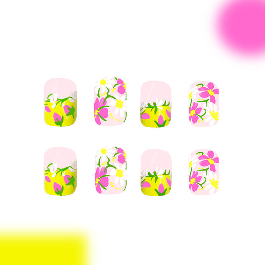 Floral Fantasy Short Square Pink and Yellow Daisies with Vibrant Green Accents Press-On Nail Set