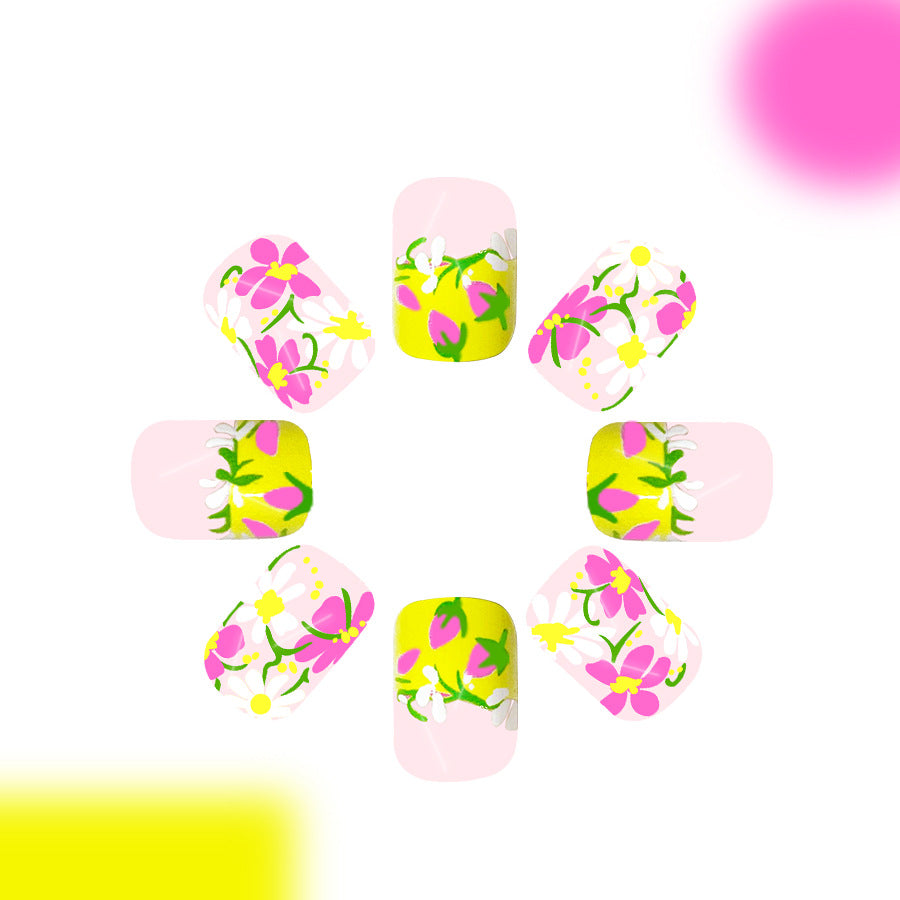 Blooming Meadow Bliss Colorful Short Square Floral Design Press On Nails Set