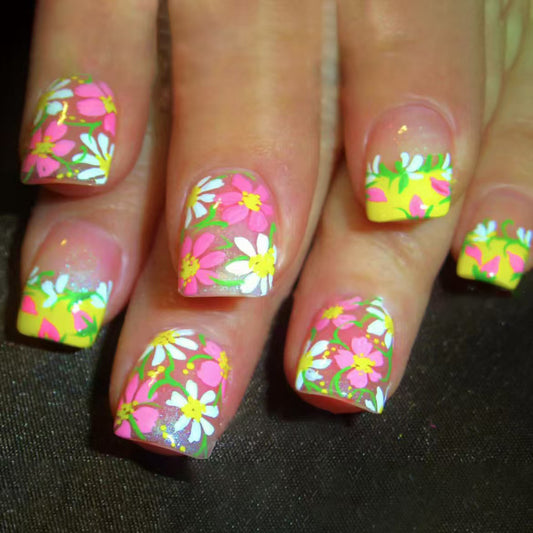 Blooming Beauty Short Square Length Colorful Floral Press On Nail Set with Glittering Accents
