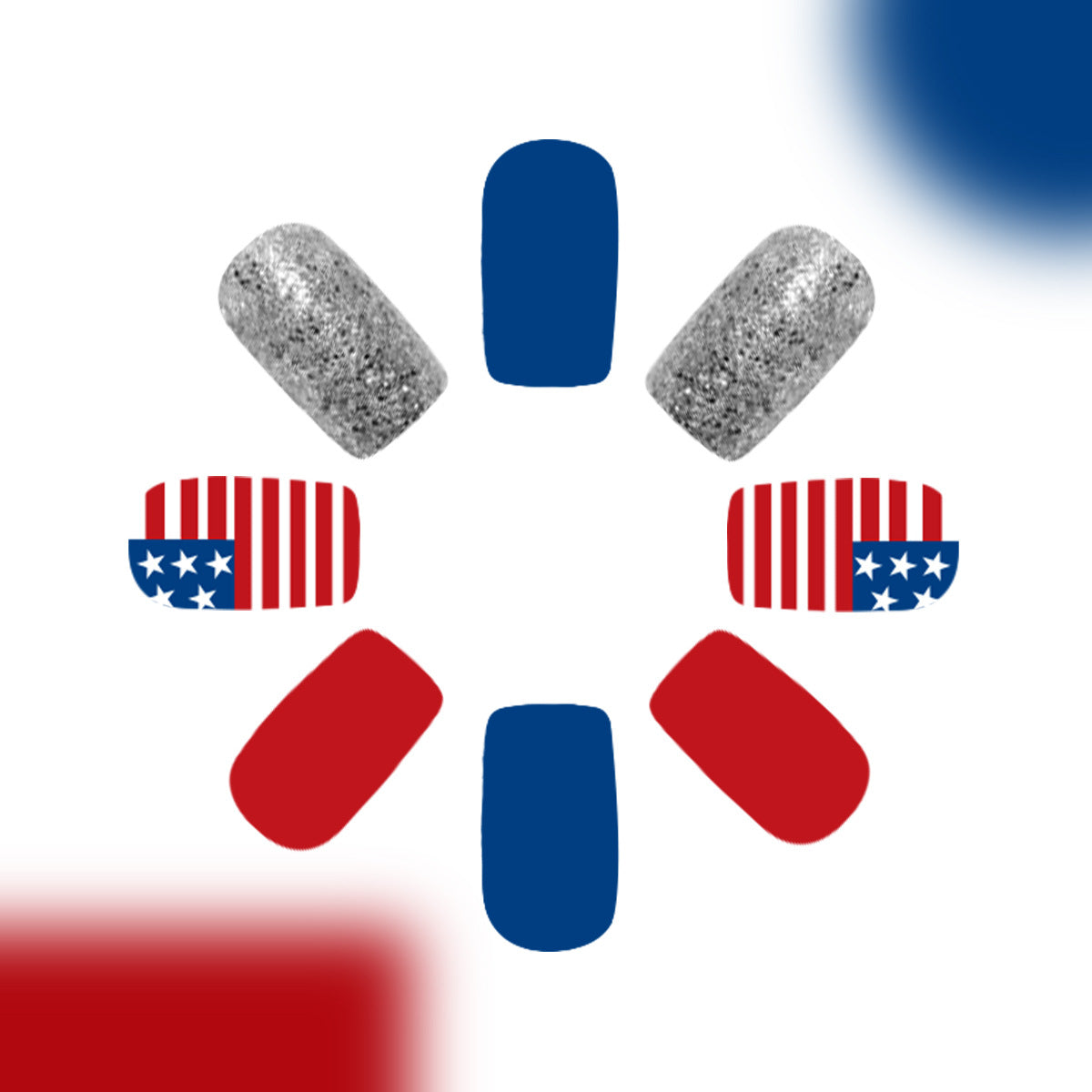 Patriotic Glamour Medium Square Red and Blue with Glittery Accents Press On Nail Set