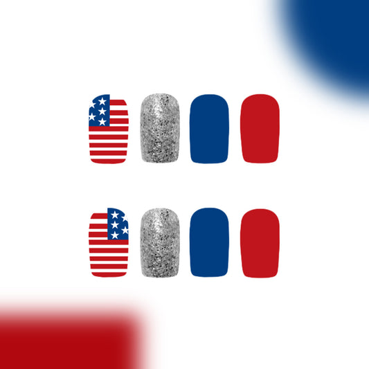 Patriotic Glamour Medium Square Red White and Blue Festive Glitter Press On Nail Set