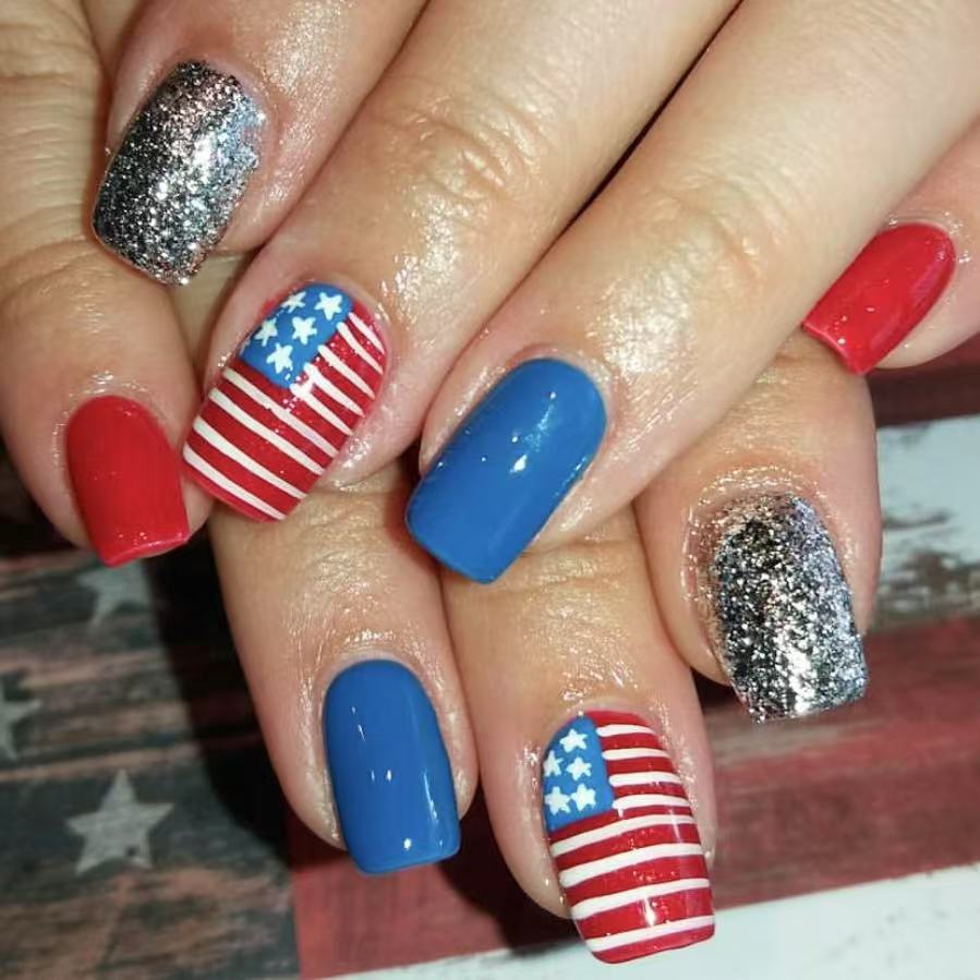 Patriotic Glamour Medium Square Red and Blue Press On Nail Set with Sparkling Glitter and Flag Design
