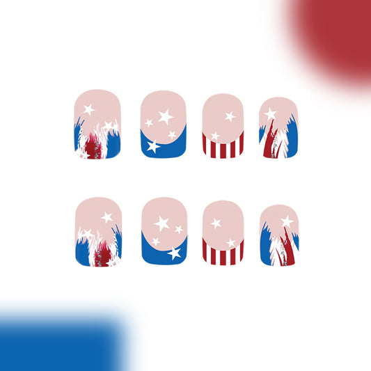 Patriotic Dream Press on Nail Set Short Square Soft Pink with Bold Star and Stripe Design