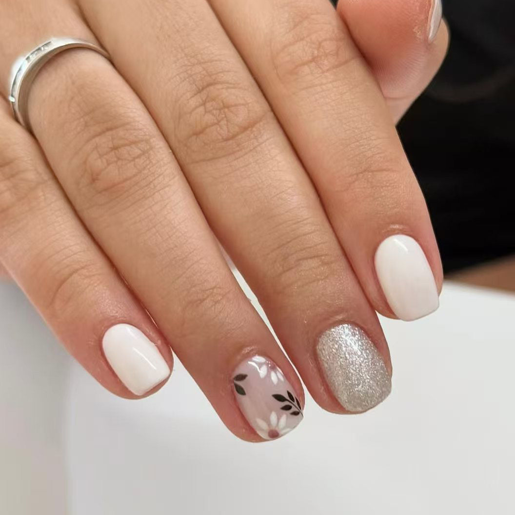 Whimsical Garden Short Square White and Silver Nail Set with Floral Accent