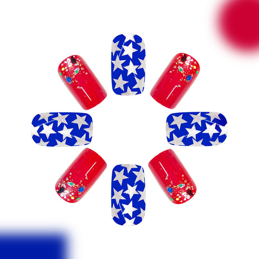 Patriotic Starry Night Medium Square Blue and Red Glitter Nail Press Set