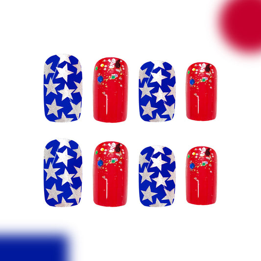 Patriotic Celebration Medium Square Red and Blue Press on Nail Set with Glittery Star Accents