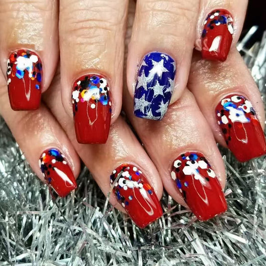 Patriotic Glamour Medium Square Red with Starry Blue Accent and Sparkling Confetti Press-On Nail Set
