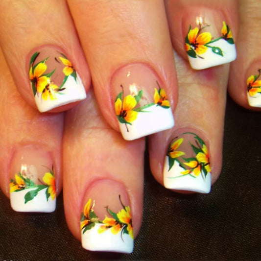 Enchanting Blossom Press On Nail Set Short Square White with Vibrant Floral Design