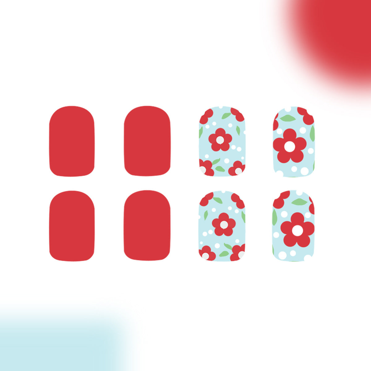 Floral Fantasy Red and Light Blue Square Short Press on Nail Set with Charming Flower Design
