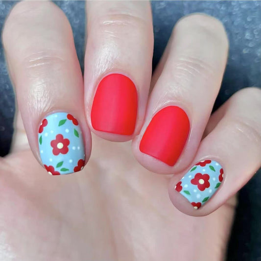 Vintage Garden Inspired Short Square Red and Blue Floral Press on Nail Set with Matte Finish