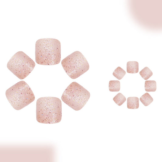 Enchanting Glittery Press On Toenails Short Square Shape Soft Pink with Sparkling Finish