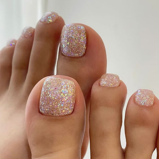Glistening Fairy Dust Short Square Press on Toenail Set in Soft Pink with Sparkling Glitter Finish