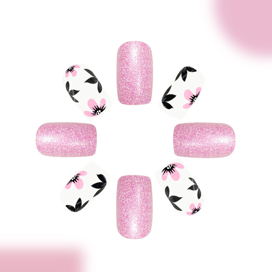 Blossom Elegance Medium Square Pink Glitter Press On Nail Set with Floral Design