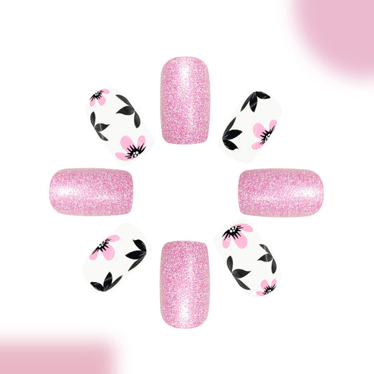 Blossom Elegance Medium Square Pink Glitter Press On Nail Set with Floral Design