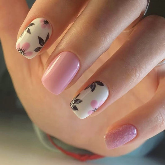 Blossom Elegance Medium Square Pink with Floral Accents and Glitter Finish Press On Nail Set
