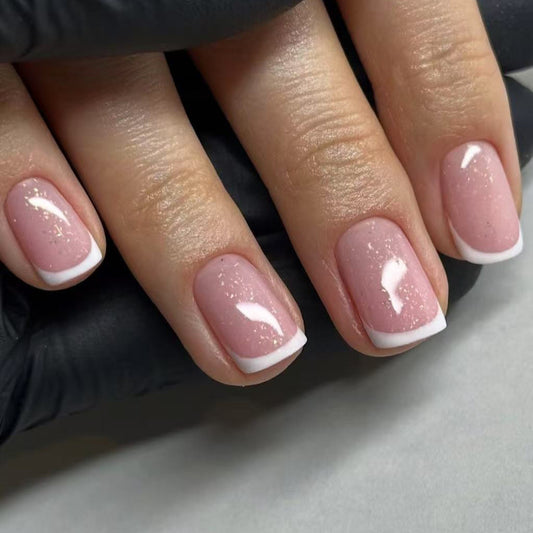 Chic Elegance Medium Square Press On Nail Set in Short Pink with Sparkling Finish and White Tips
