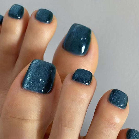 Mystical Ocean Fantasy Short Square Deep Teal Glitter Press On Toenail Set