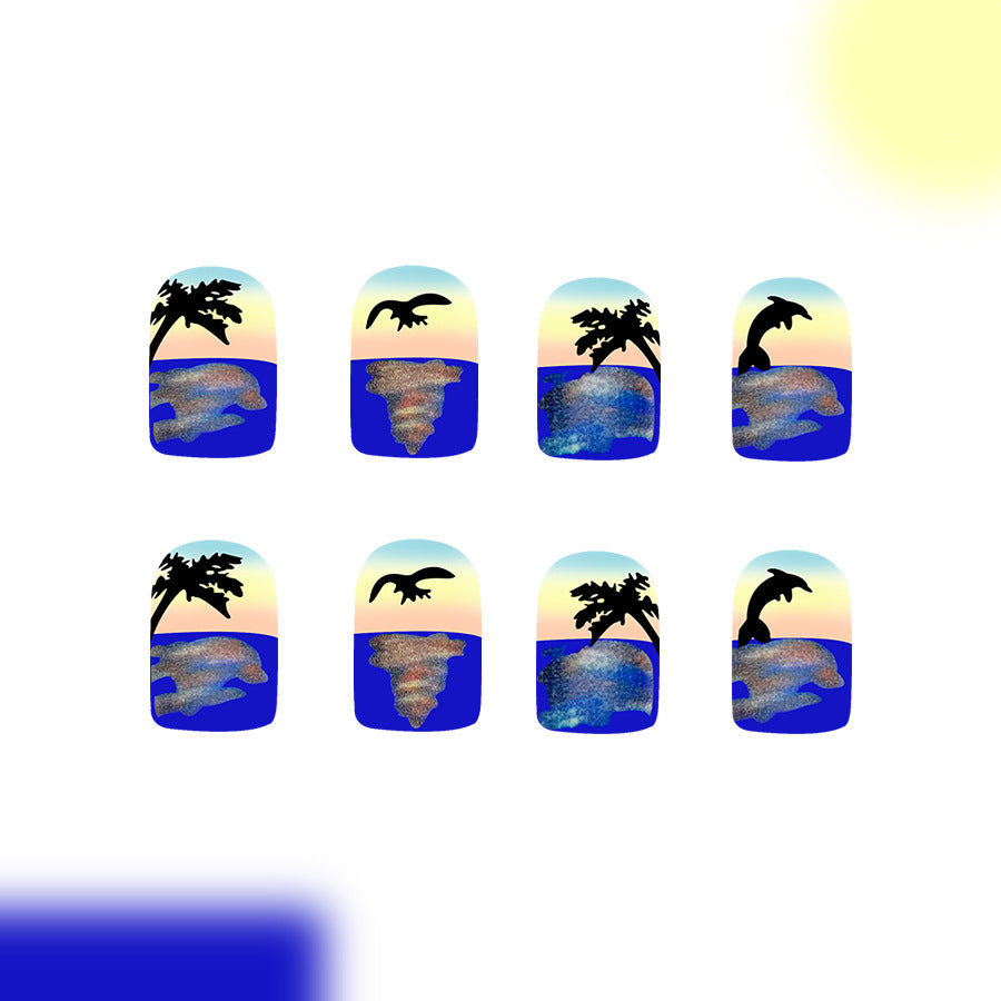 Tropical Paradise Medium Square Blue Sparkling Ocean Scene Press On Nail Set