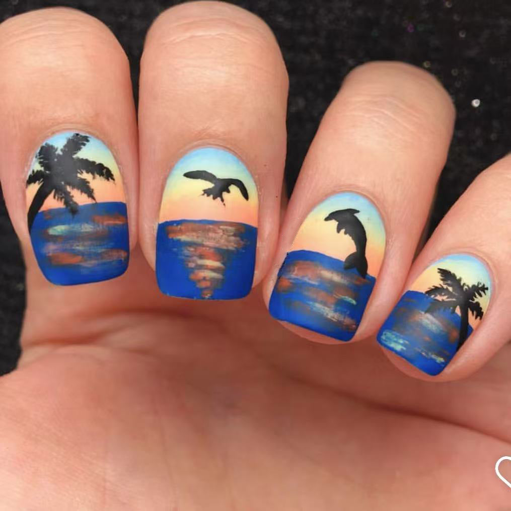 Tropical Sunset Vibrant Blue Medium Square Press On Nail Set with Stunning Ocean Scene Design