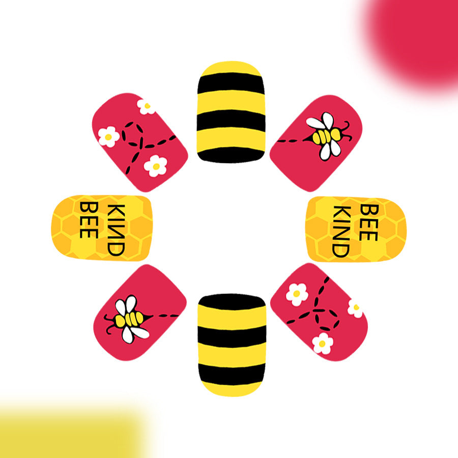 Honey Bee Inspired Cute Medium Square Red and Yellow Press On Nail Set with Kindness Messages