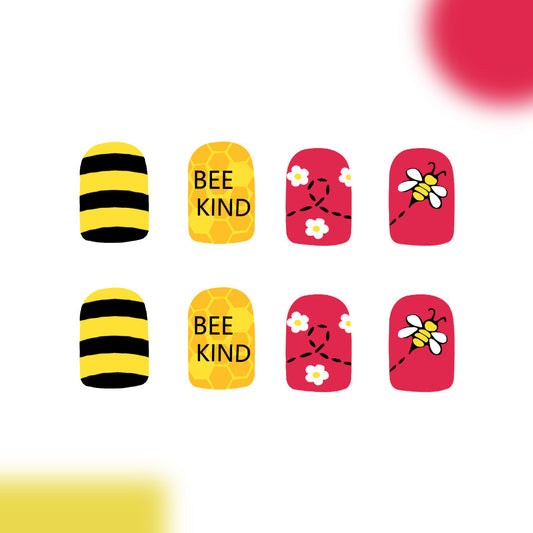 Bee Inspired Medium Square Vibrant Yellow and Pink with Bee Kind Motif Press on Nail Set