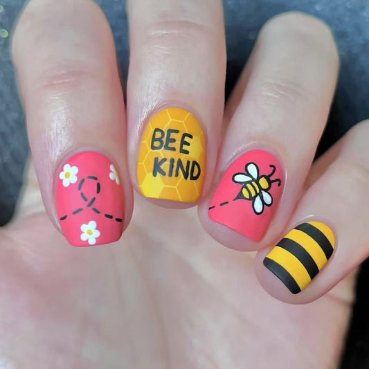 Bee Delightful Medium Square Coral and Yellow Press On Nail Set with Adorable Bee and Flower Designs