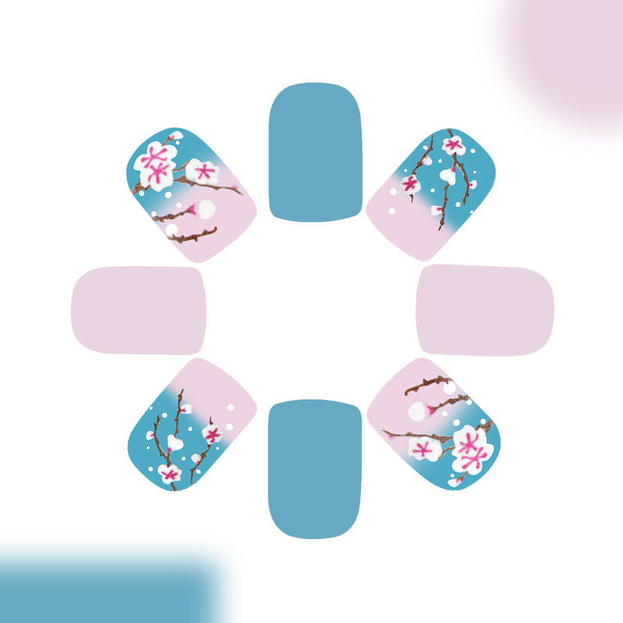 Cherry Blossom Serenity Medium Square Pastel Blue and Pink Floral Press On Nail Set