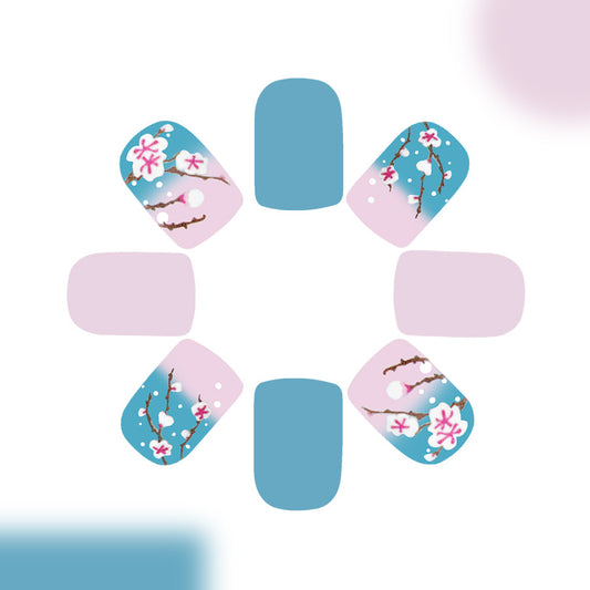 Cherry Blossom Serenity Medium Square Pastel Blue and Pink Floral Press On Nail Set