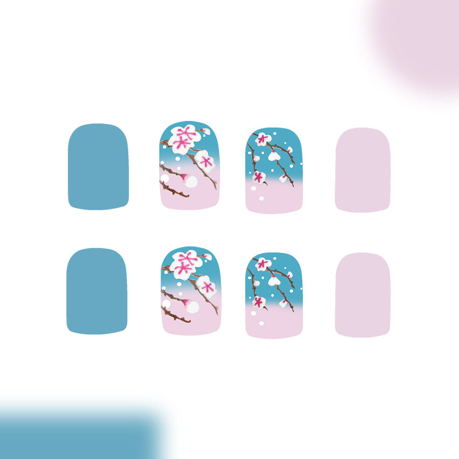 Blossom Breeze Press On Nail Set Medium Square Blue and Pink Gradient with Cherry Blossom Design