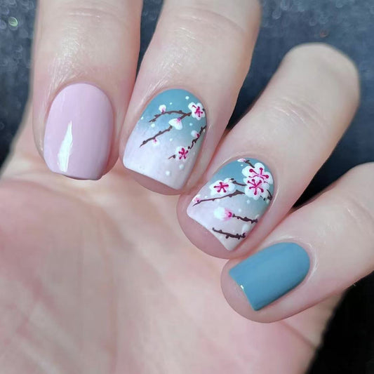 Cherry Blossom Dream Press On Nail Set Short Square Pink and Blue with Floral Art Design