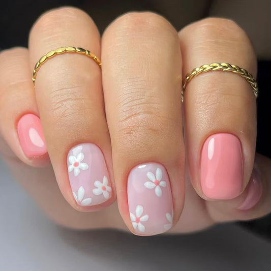Whimsical Blossom Short Square Pink Press on Nail Set with Charming Flower Design