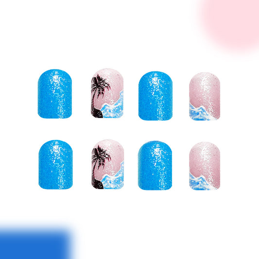 Tropical Vibes Glossy Short Square Blue Nail Set with Sunset Wave Design and Glitter Finish